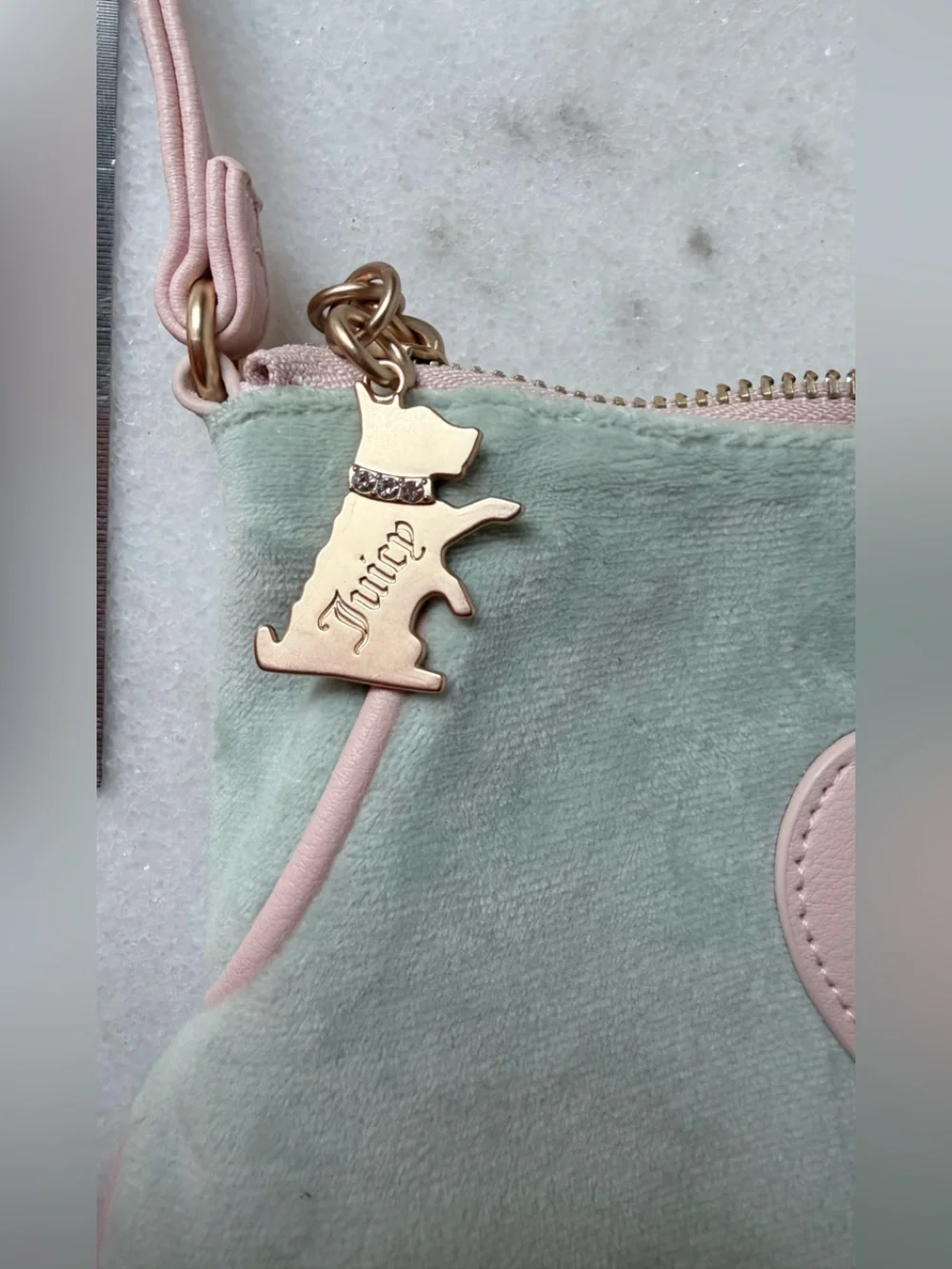 Juicy Couture Mint and Pink Embroidered Crest mini Bag Scottie dod